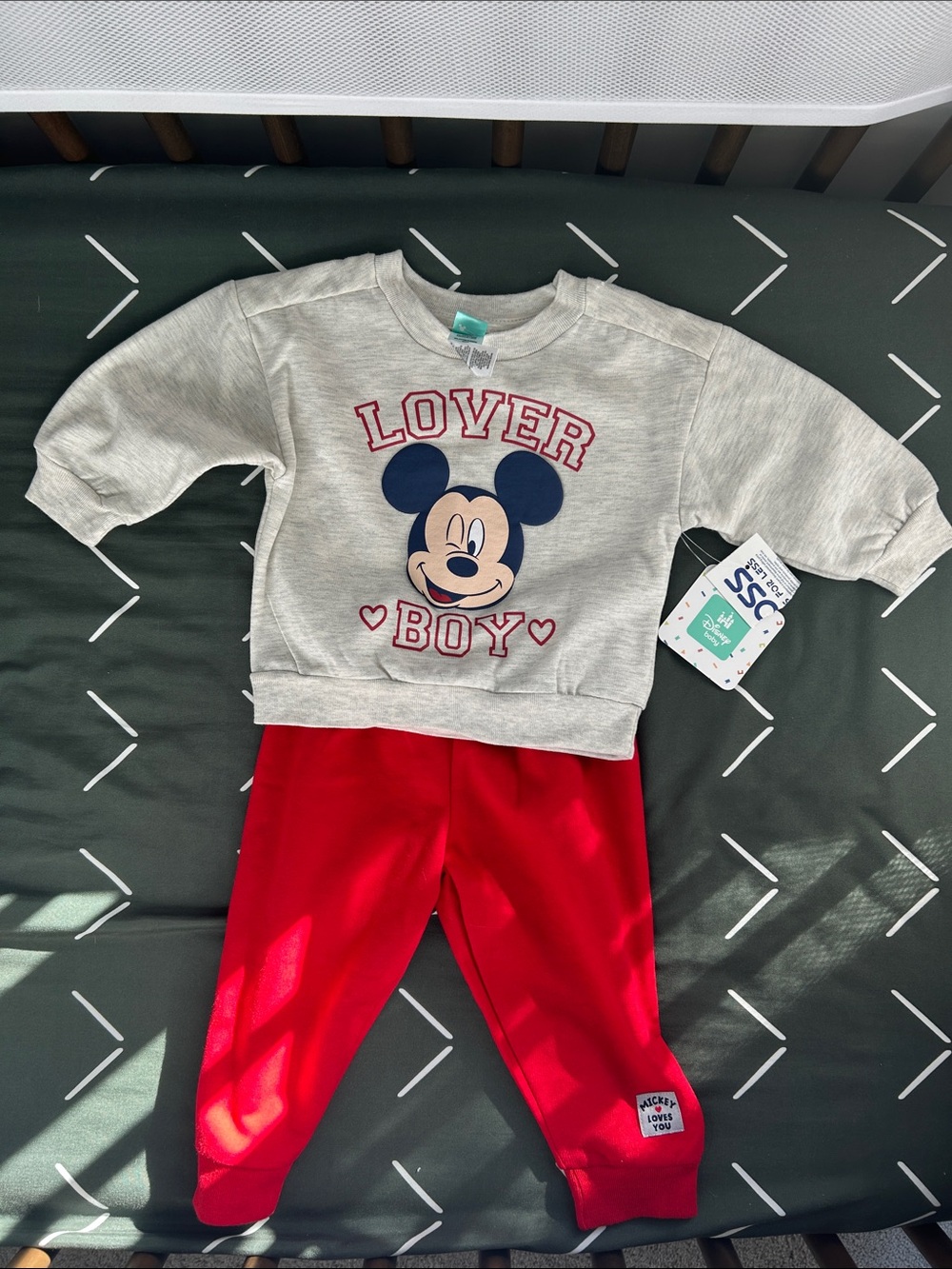Disney Gray Mickey 'Lover Boy' Sweatshirt and Red Pajama Pants Set
